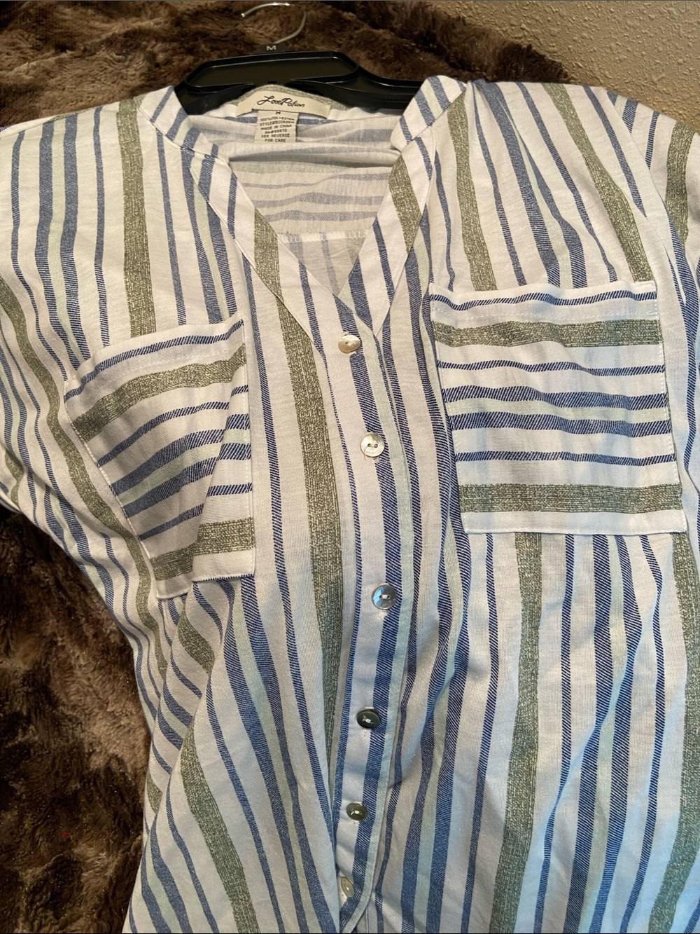 Striped Short-Sleeve Button Front Blouse in Light Blue & Olive - Picture 9 of 10